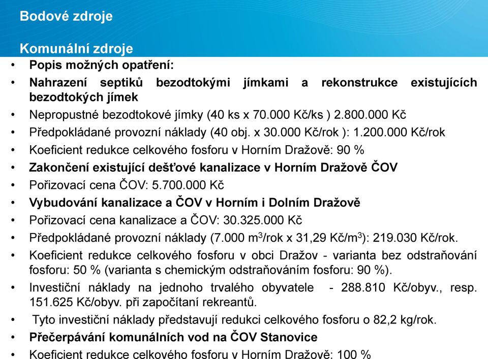 000 Kč/rok Koeficient redukce celkového fosforu v Horním Dražově: 90 % Zakončení existující dešťové kanalizace v Horním Dražově ČOV Pořizovací cena ČOV: 5.700.
