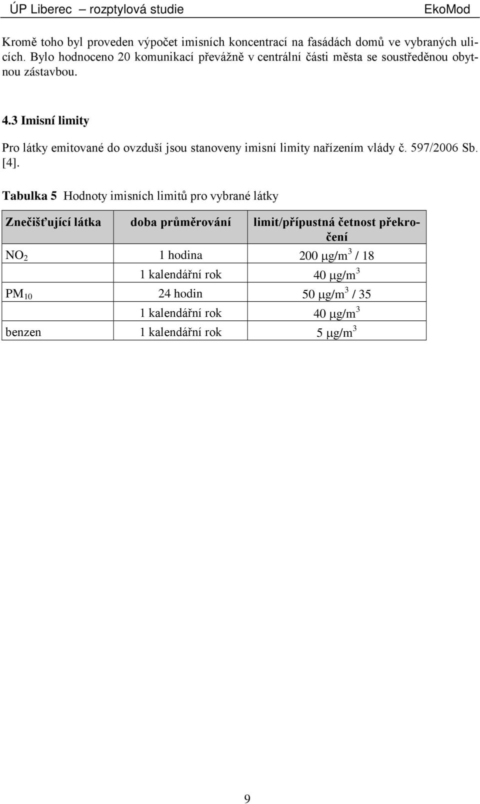 3 Imisní limity Pro látky emitované do ovzduší jsou stanoveny imisní limity nařízením vlády č. 597/2006 Sb. [4].