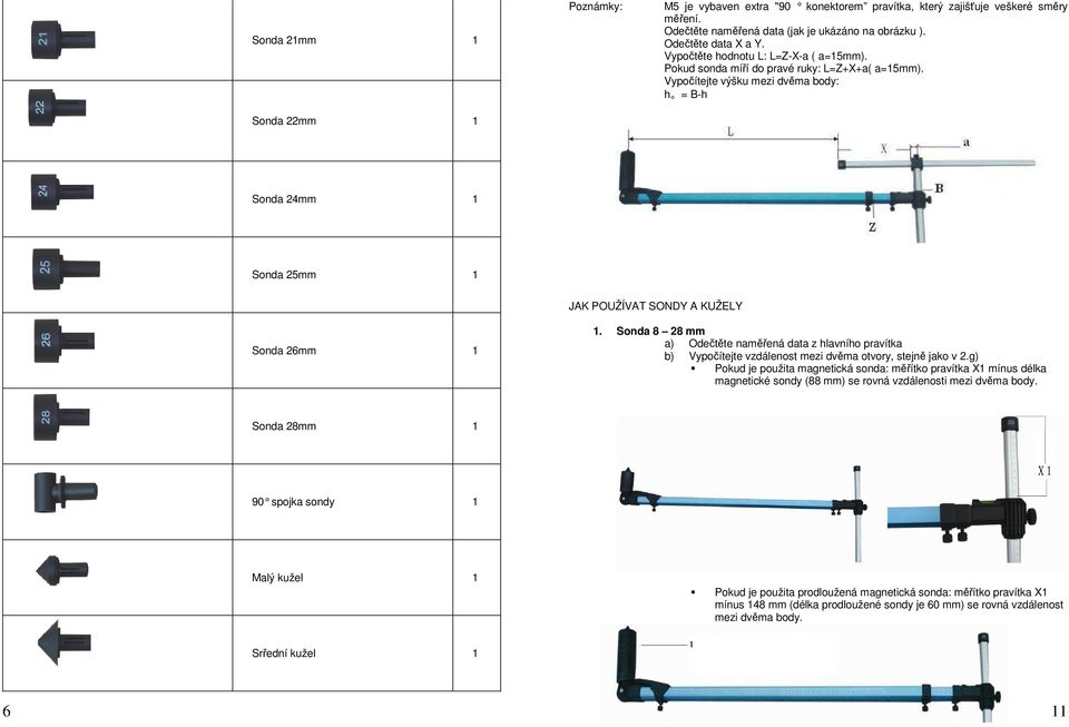 Vypočítejte výšku mezi dvěma body: h = B-h Sonda 24mm 1 Sonda 25mm 1 JAK POUŽÍVAT SONDY A KUŽELY Sonda 26mm 1 1.