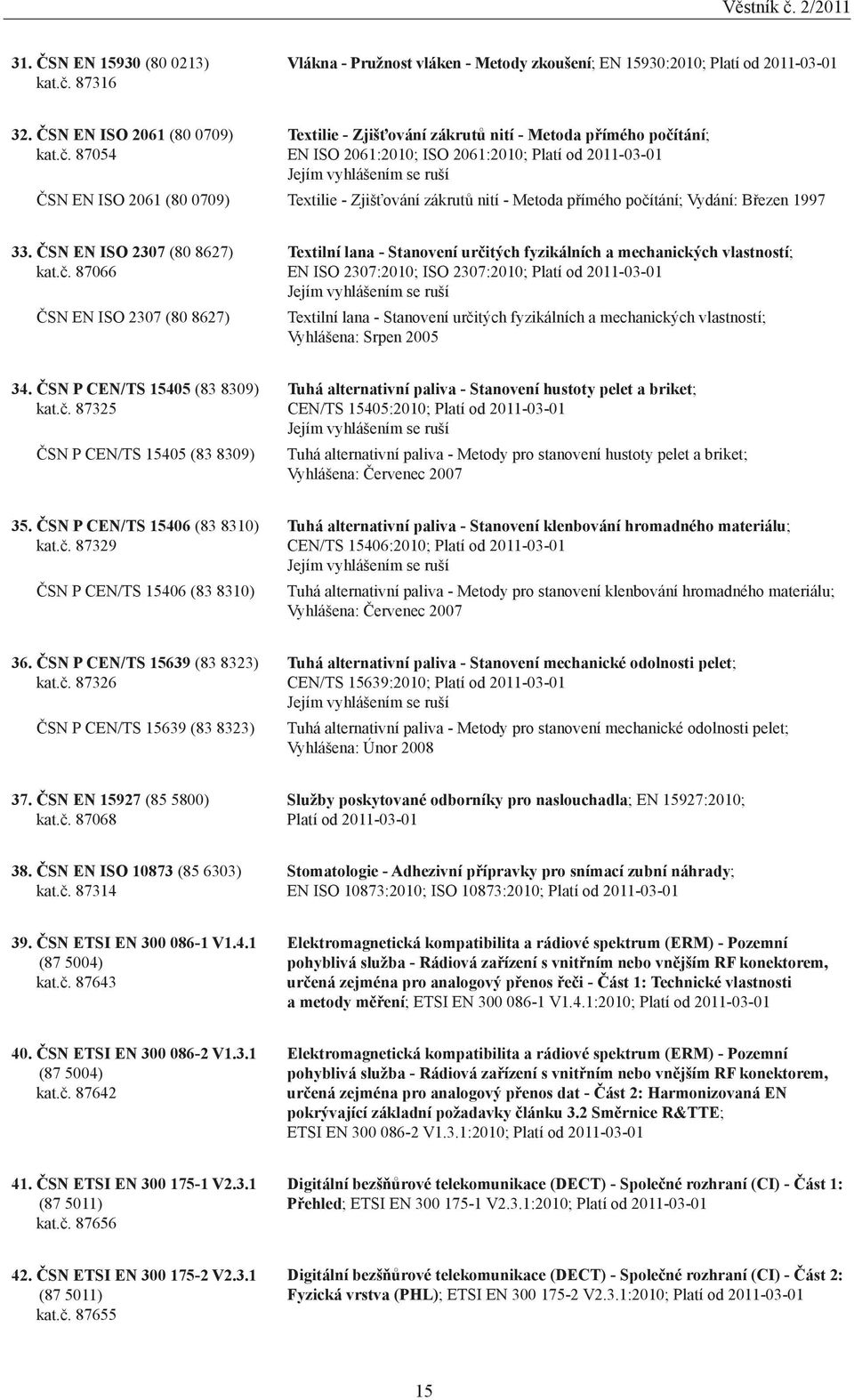 87054 Textilie - Zjišťování zákrutů nití - Metoda přímého počítání; EN ISO 2061:2010; ISO 2061:2010; Platí od 20-01 Jejím vyhlášením se ruší ČSN EN ISO 2061 (80 0709) Textilie - Zjišťování zákrutů
