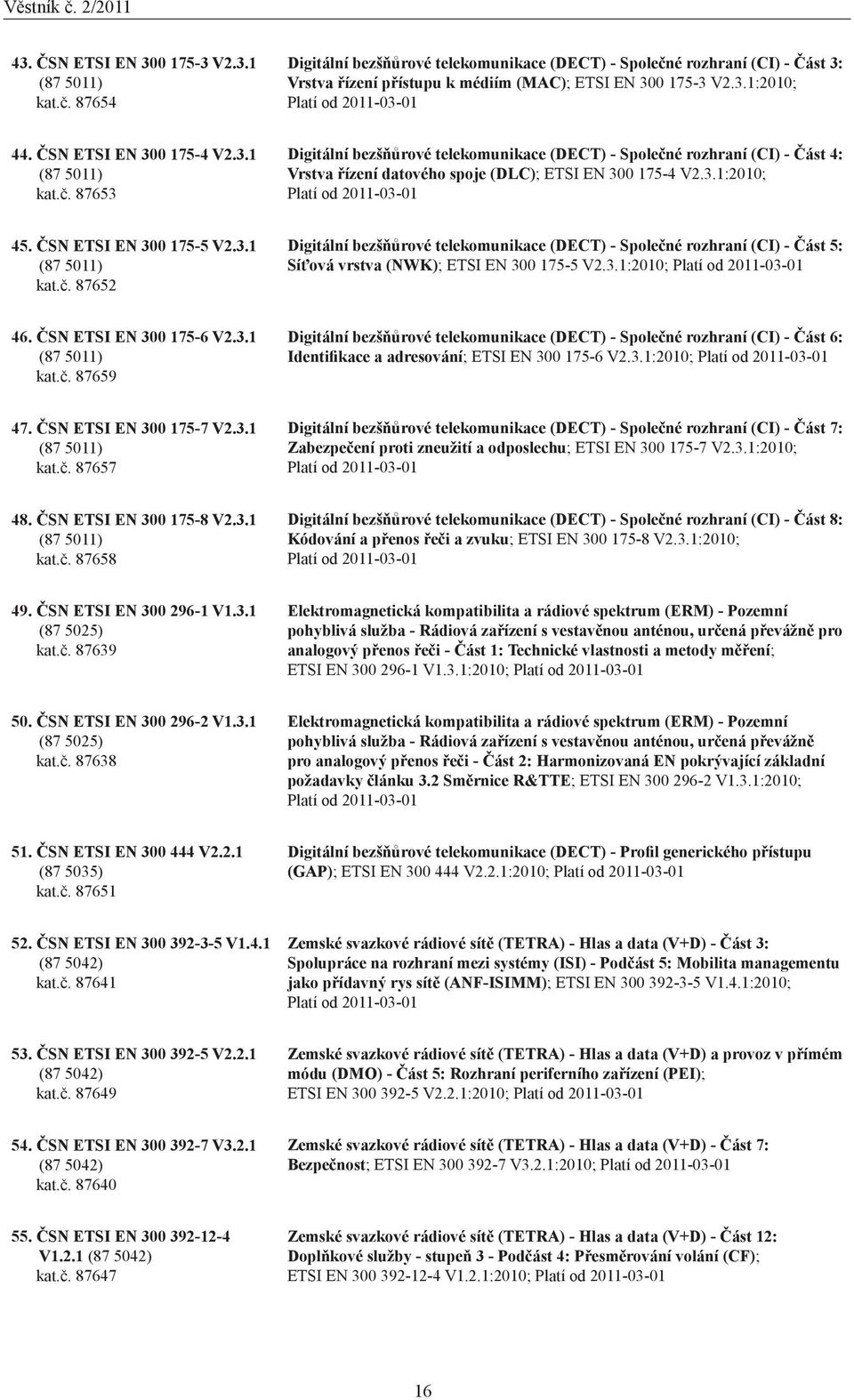 ČSN ETSI EN 300 175-5 V2.3.1 (87 5011) kat.č. 87652 Digitální bezšňůrové telekomunikace (DECT) - Společné rozhraní (CI) - Část 5: Síťová vrstva (NWK); ETSI EN 300 175-5 V2.3.1:2010; Platí od 20-01 46.