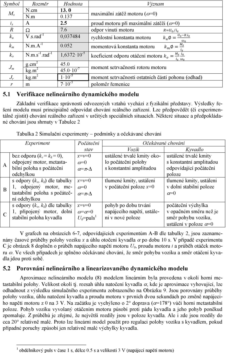 m 2-5 moment setrvačnosti ostatních částí pohonu (oha) r m 7-3 poloměr řemenice 5. Verifikace nelineárního ynamického moelu Záklaní verifikace správnosti ovozených vztahů vychází z fyzikální přestavy.