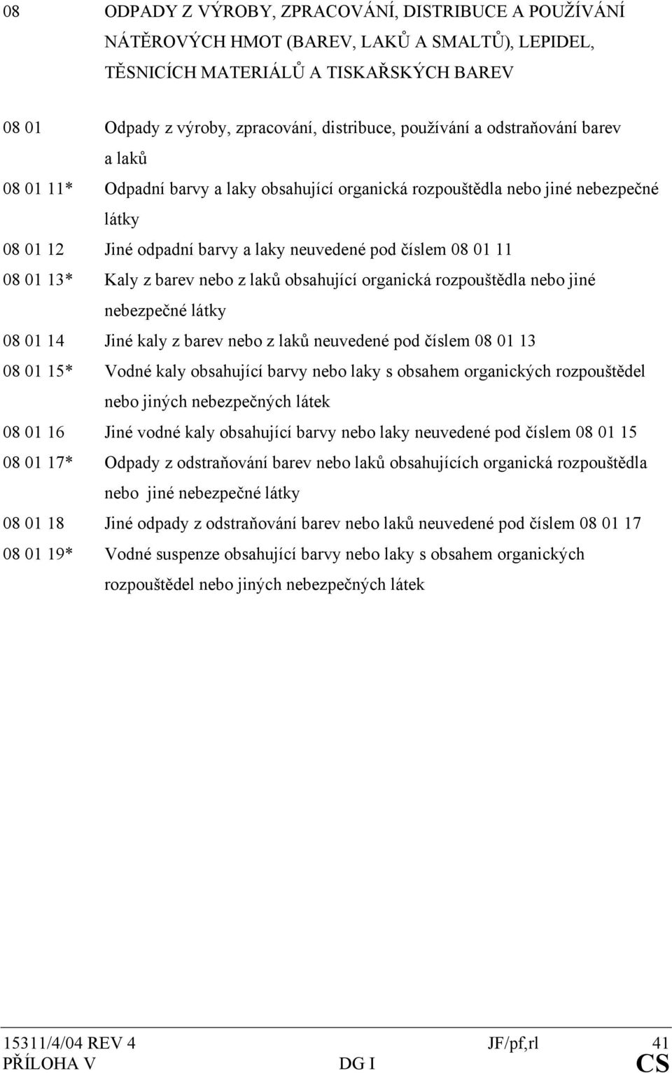 01 13* Kaly z barev nebo z laků obsahující organická rozpouštědla nebo jiné nebezpečné látky 08 01 14 Jiné kaly z barev nebo z laků neuvedené pod číslem 08 01 13 08 01 15* Vodné kaly obsahující barvy