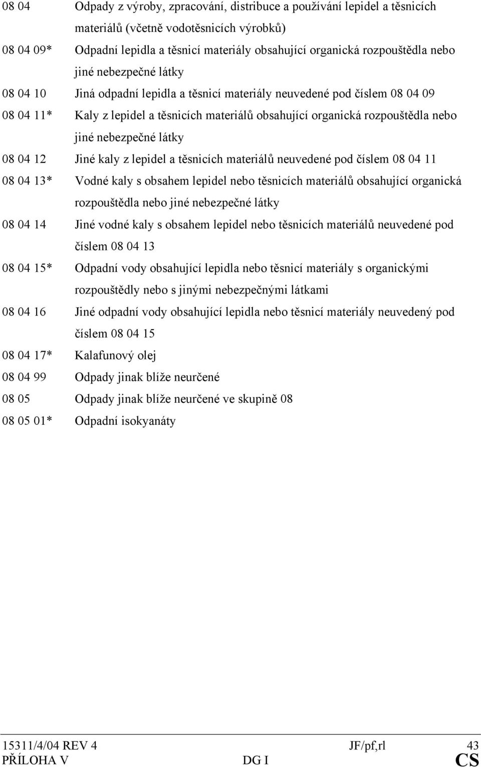 nebezpečné látky 08 04 12 Jiné kaly z lepidel a těsnicích materiálů neuvedené pod číslem 08 04 11 08 04 13* Vodné kaly s obsahem lepidel nebo těsnicích materiálů obsahující organická rozpouštědla