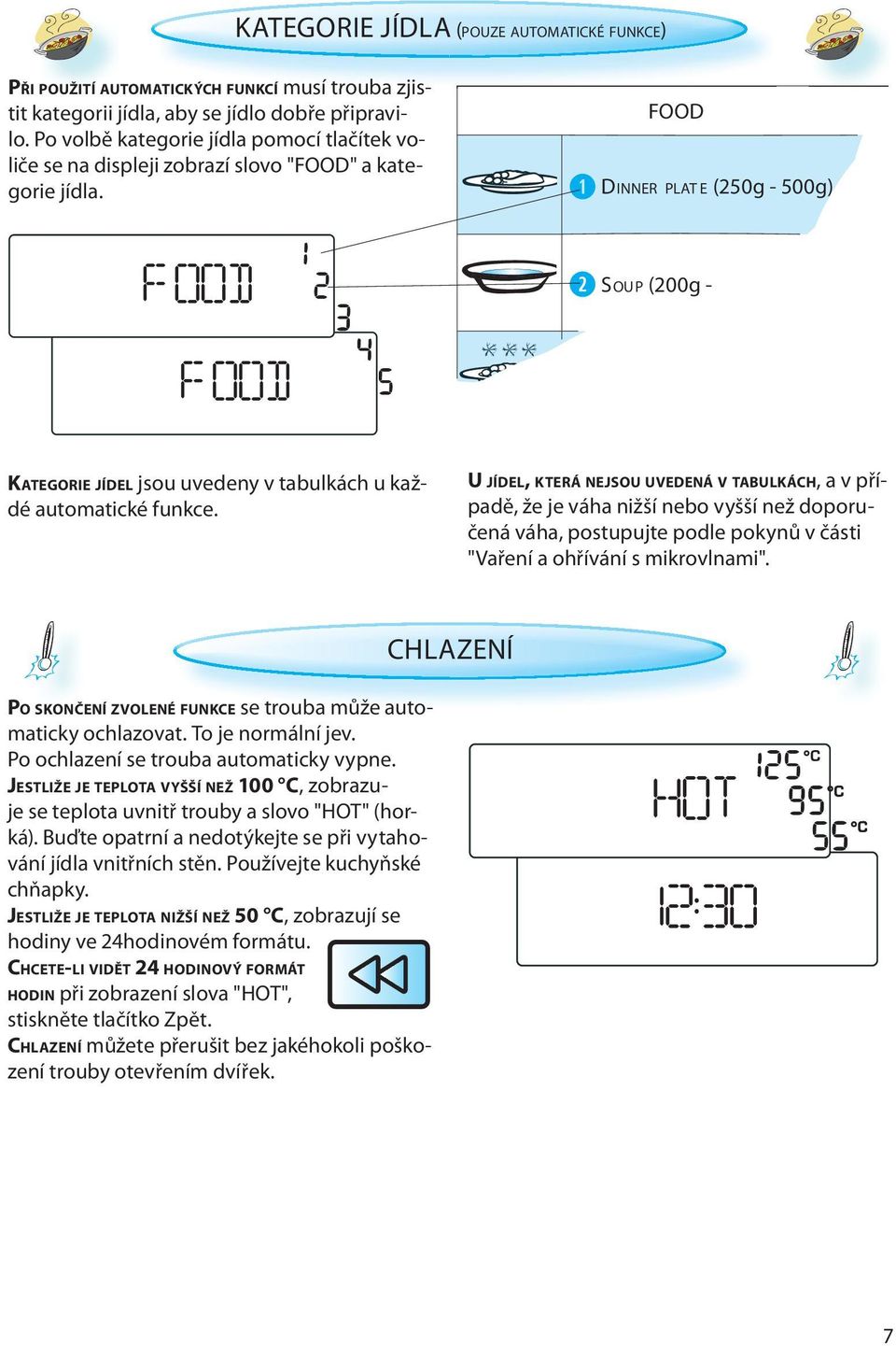 FOOD DINNER PLAT E (250g - 500g) SOUP (200g - KATEGORIE JÍDEL jsou uvedeny v tabulkách u každé automatické funkce.