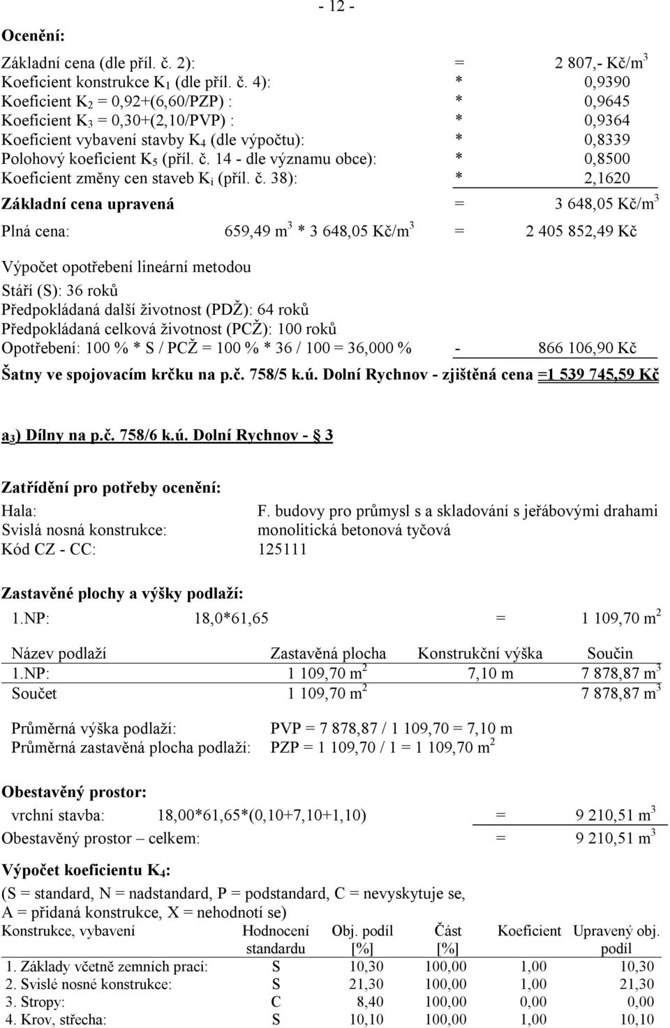 4): * 0,9390 Koeficient K 2 = 0,92+(6,60/PZP) : * 0,9645 Koeficient K 3 = 0,30+(2,10/PVP) : * 0,9364 Koeficient vybavení stavby K 4 (dle výpočtu): * 0,8339 Polohový koeficient K 5 (příl. č.