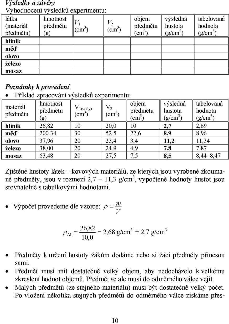 hustota (g/cm 3 ) tabelovaná hodnota (g/cm 3 ) hliník 26,82 10 20,0 10 2,7 2,69 měď 200,34 30 52,5 22,6 8,9 8,96 olovo 37,96 20 23,4 3,4 11,2 11,34 železo 38,00 20 24,9 4,9 7,8 7,87 mosaz 63,48 20