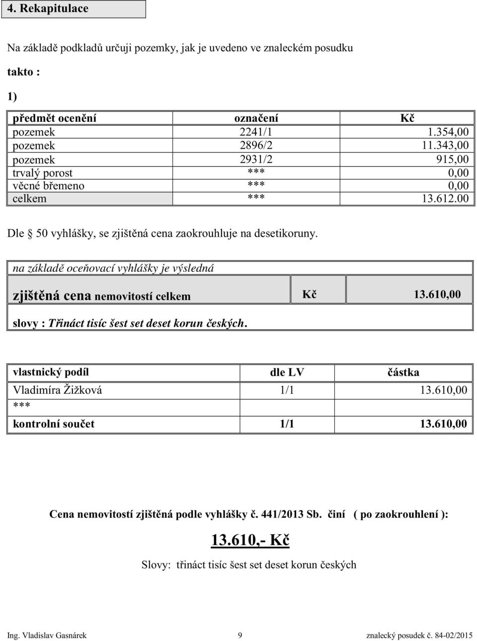 na základ oce ovací vyhlášky je výsledná zjišt ná cena nemovitostí celkem K 13.610,00 slovy : T ináct tisíc šest set deset korun eských.