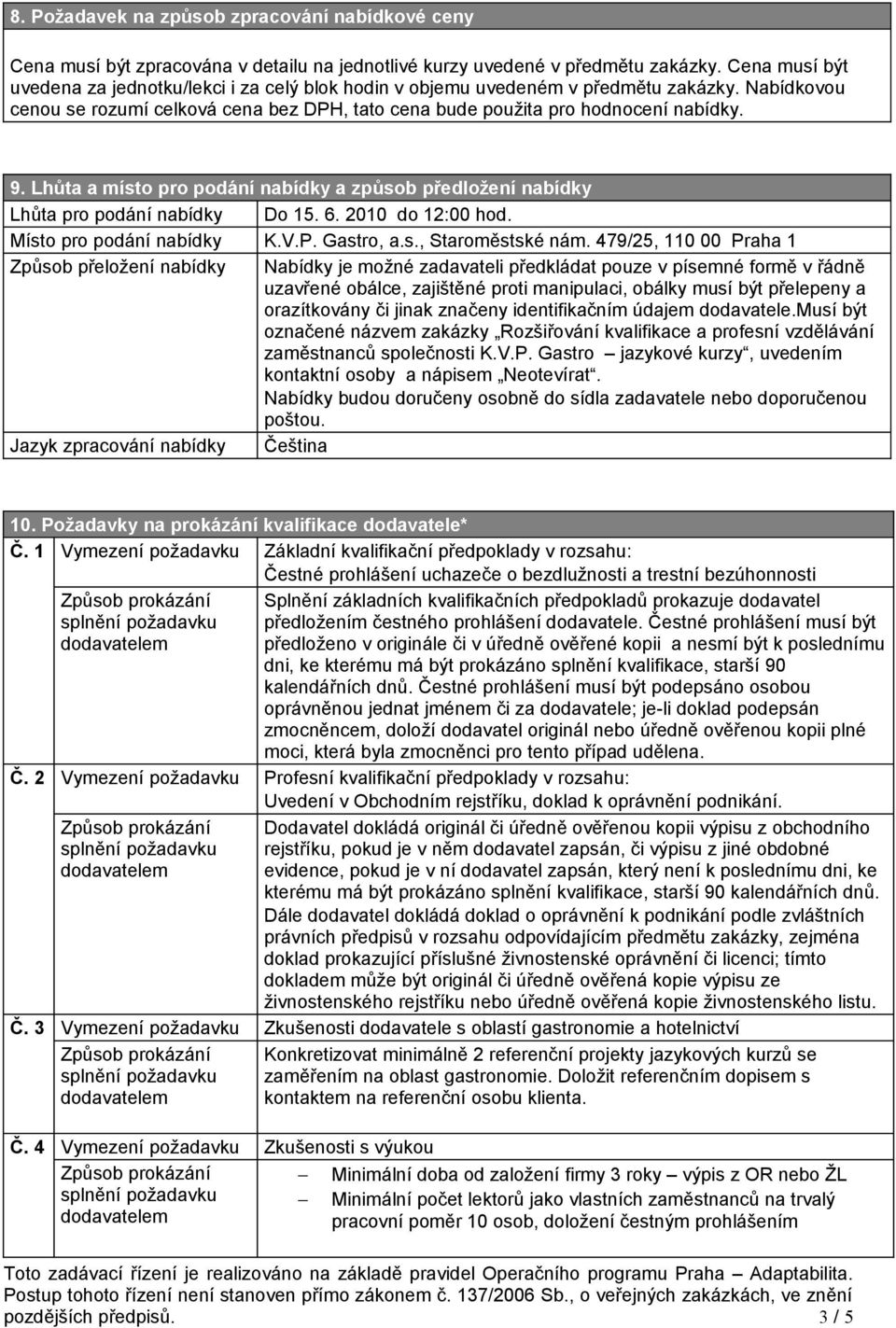 Lhůta a místo pro podání nabídky a způsob předložení nabídky Lhůta pro podání nabídky Do 15. 6. 2010 do 12:00 hod. Místo pro podání nabídky K.V.P. Gastro, a.s., Staroměstské nám.
