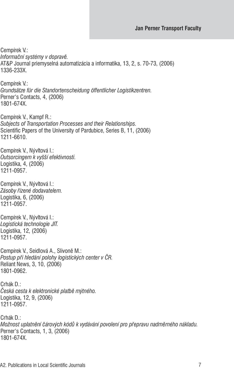 Scientific Papers of the University of Pardubice, Series B, 11, (2006) 1211-6610. Cempírek V., Nývltová I.: Outsorcingem k vyšší efektivnosti. Logistika, 4, (2006) 1211-0957. Cempírek V., Nývltová I.: Zásoby řízené dodavatelem.