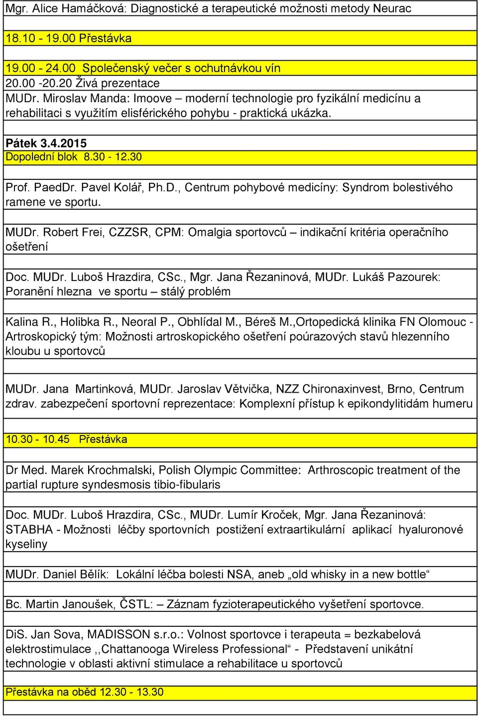 Pavel Kolář, Ph.D., Centrum pohybové medicíny: Syndrom bolestivého ramene ve sportu. MUDr. Robert Frei, CZZSR, CPM: Omalgia sportovců indikační kritéria operačního ošetření Doc. MUDr. Luboš Hrazdira, CSc.