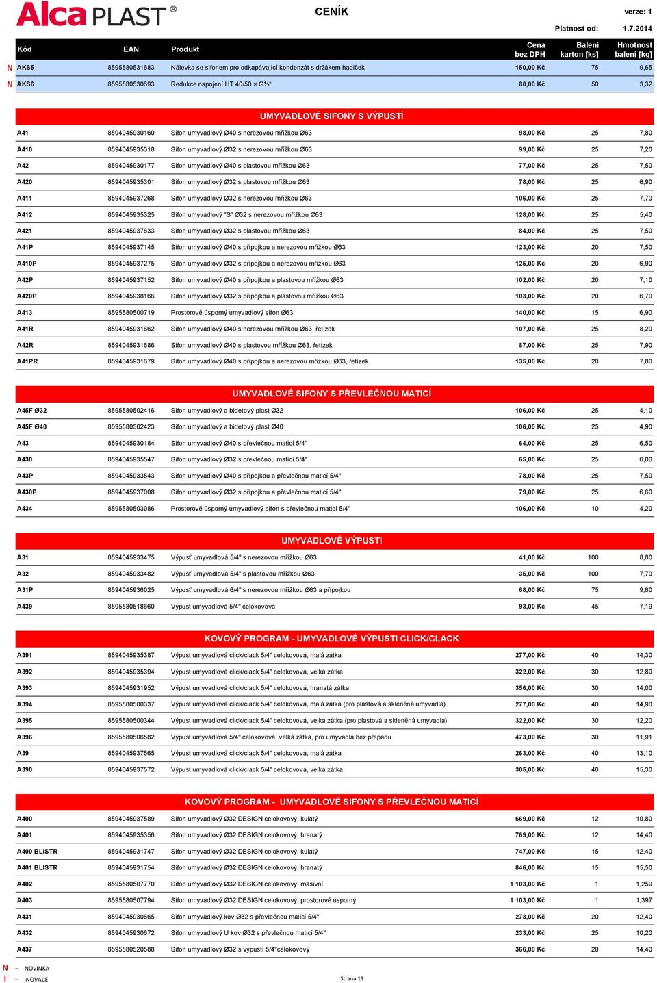 s plastovou mřížkou Ø63 77,00 Kč 25 7,50 A420 8594045935301 Sifon umyvadlový Ø32 s plastovou mřížkou Ø63 78,00 Kč 25 6,90 A411 8594045937268 Sifon umyvadlový Ø32 s nerezovou mřížkou Ø63 106,00 Kč 25