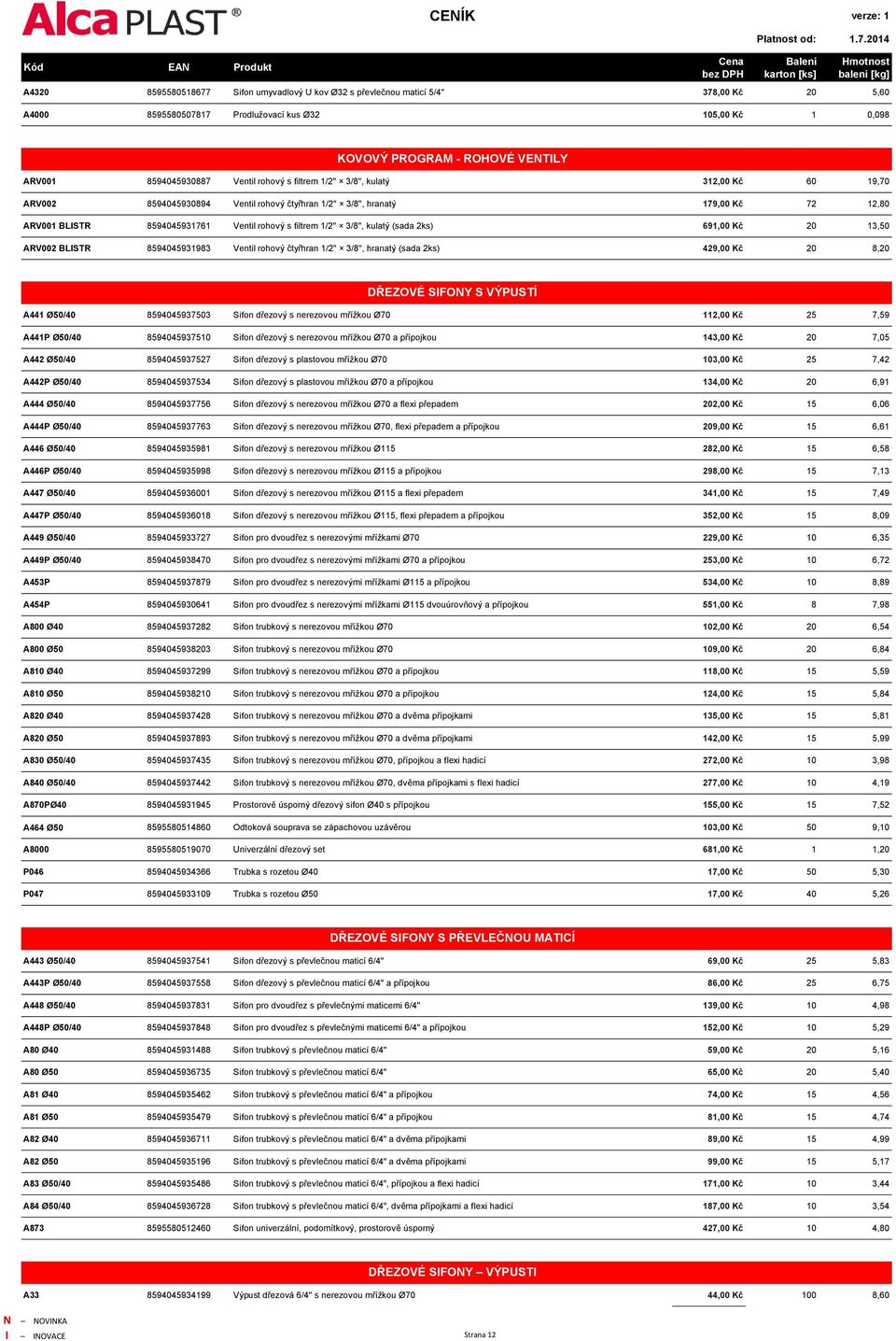 s filtrem 1/2" 3/8", kulatý (sada 2ks) 691,00 Kč 20 13,50 ARV002 BLISTR 8594045931983 Ventil rohový čtyřhran 1/2" 3/8", hranatý (sada 2ks) 429,00 Kč 20 8,20 DŘEZOVÉ SIFONY S VÝPUSTÍ A441 Ø50/40