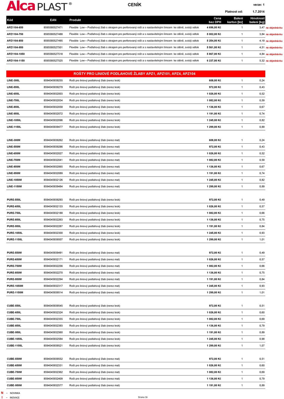 okrajem pro perforovaný rošt a s nastavitelným límcem ke stěně, svislý odtok 5 254,00 Kč 1 4,19 na objednávku APZ1104-950 8595580527501 Flexible Low Podlahový žlab s okrajem pro perforovaný rošt a s