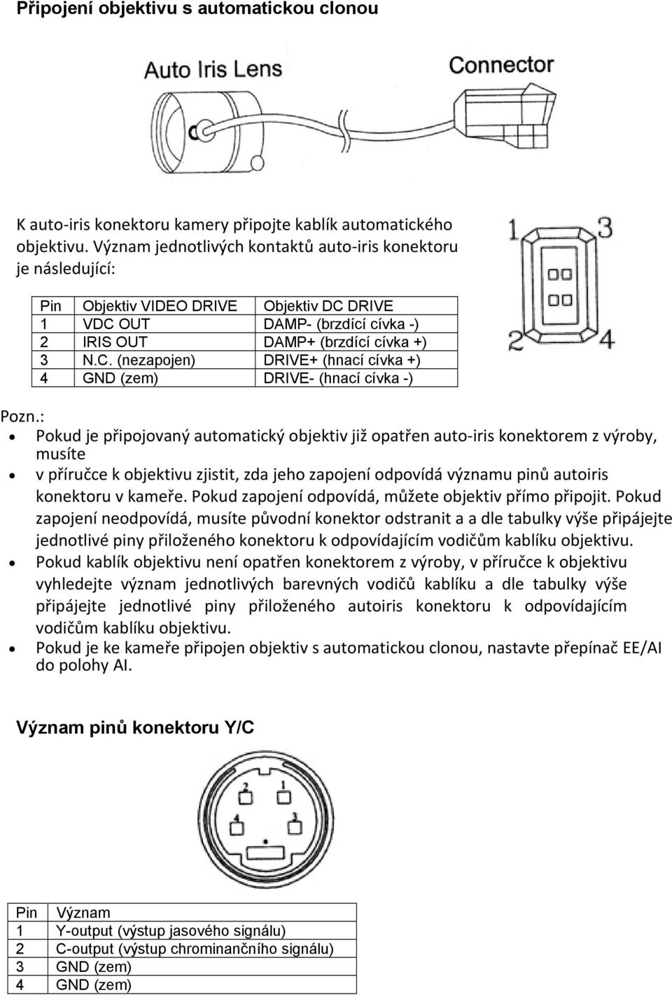 : Pokud je připojovaný automatický objektiv již opatřen auto iris konektorem z výroby, musíte v příručce k objektivu zjistit, zda jeho zapojení odpovídá významu pinů autoiris konektoru v kameře.