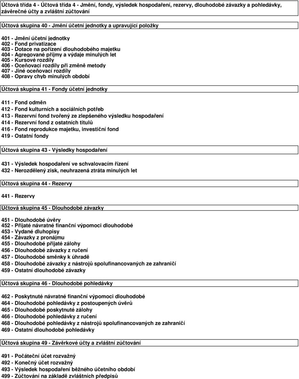 rozdíly při změně metody 407 - Jiné oceňovací rozdíly 408 - Opravy chyb minulých období Účtová skupina 41 - Fondy účetní jednotky 411 - Fond odměn 412 - Fond kulturních a sociálních potřeb 413 -
