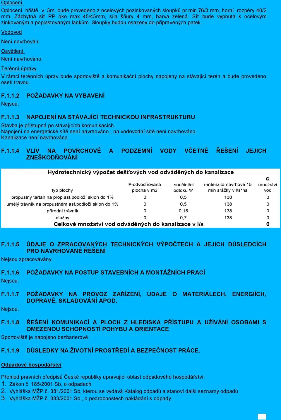 Terénní úpravy V rámci terénních úprav bude sportoviště a komunikační plochy napojeny na stávající terén a bude provedeno osetí travou. F.1.