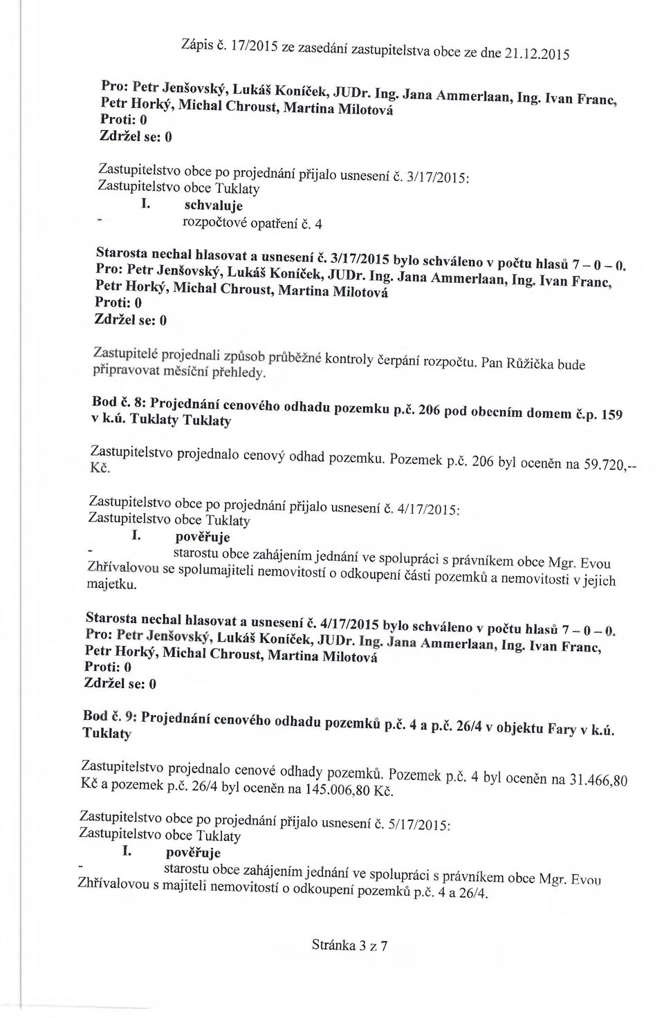 Jana Ammerlaan, Ing Ivan Franc Petr Horký, Michal Chroust, Martina Milotová kontroly čerp rozpočtu' Pan bude : s s s r é h i odhadu pozen,ku p - 2 0 6 p o d b e c n í m domem č p - 159 Zastupitelstvo