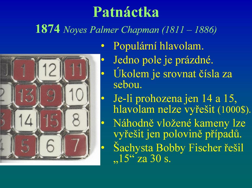 Je-li prohozena jen 14 a 15, hlavolam nelze vyřešit (1000 Náhodně