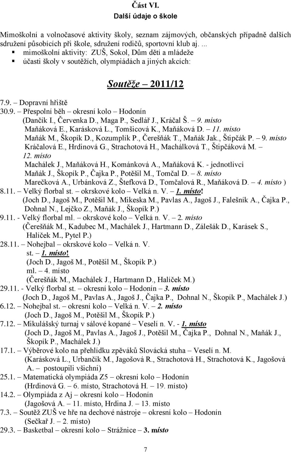 , Červenka D., Maga P., Sedlář J., Kráčal Š. 9. místo Maňáková E., Karásková L., Tomšicová K., Maňáková D. 11. místo Maňák M., Škopík D., Kozumplík P., Čerešňák T., Maňák Jak., Štipčák P. 9. místo Kráčalová E.