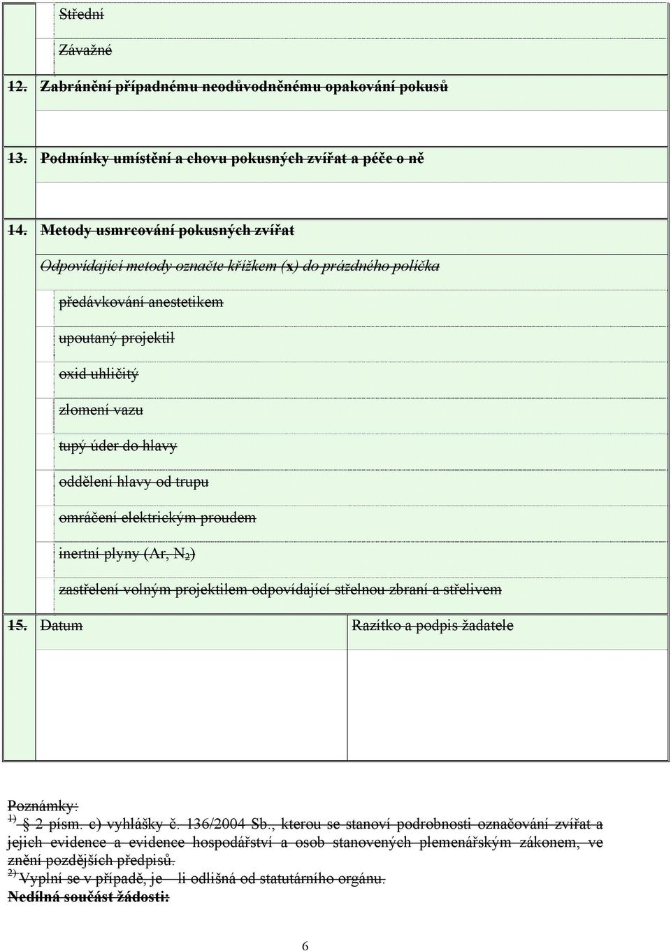 hlavy od trupu omráčení elektrickým proudem inertní plyny (Ar, N 2 ) zastřelení volným projektilem odpovídající střelnou zbraní a střelivem 15. Datum Razítko a podpis žadatele Poznámky: 1) 2 písm.