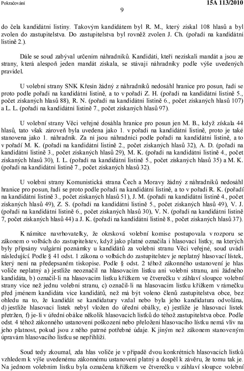 U volební strany SNK Křesín žádný z náhradníků nedosáhl hranice pro posun, řadí se proto podle pořadí na kandidátní listině, a to v pořadí Z. H. (pořadí na kandidátní listině 5.