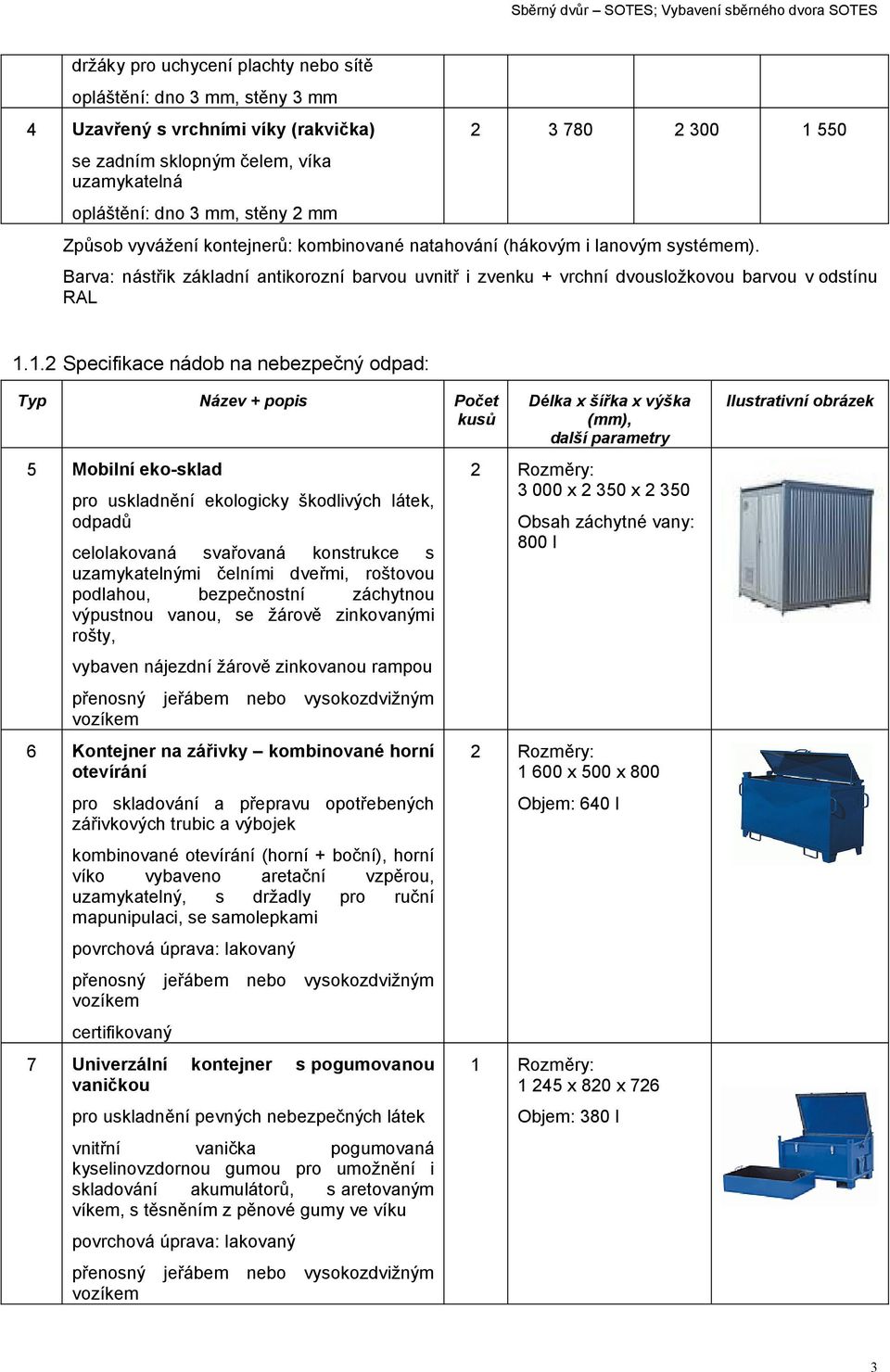 1.2 Specifikace nádob na nebezpečný odpad: Typ Název + popis Počet kusů 5 Mobilní eko-sklad pro uskladnění ekologicky škodlivých látek, odpadů celolakovaná svařovaná konstrukce s uzamykatelnými