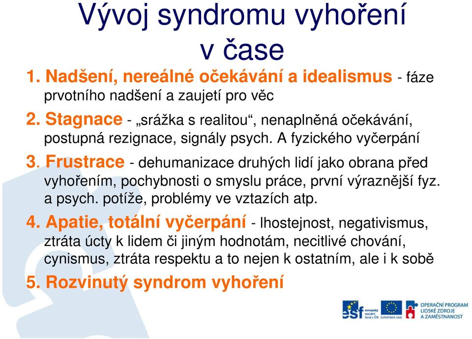 Frustrace - dehumanizace druhých lidí jako obrana před vyhořením, pochybnosti o smyslu práce, první výraznější fyz. a psych.