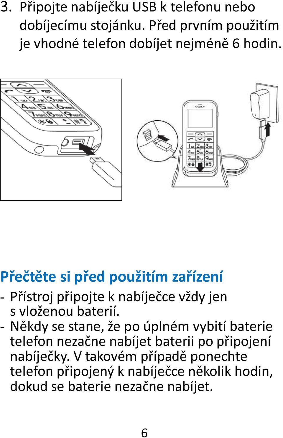 Přečtěte si před použitím zařízení - Přístroj připojte k nabíječce vždy jen s vloženou baterií.