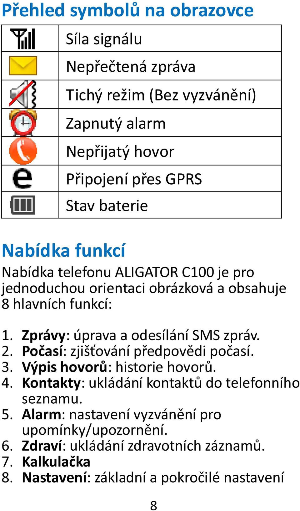 Zprávy: úprava a odesílání SMS zpráv. 2. Počasí: zjišťování předpovědi počasí. 3. Výpis hovorů: historie hovorů. 4.