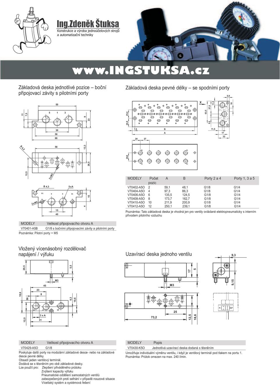 0, 9, G/8 G/4 Poznámka: Tato základová deska je vhodná jen pro ventily ovládané elektropneumaticky s interním přívodem pilotního vzduchu Velikost připojovacího otvoru A V7040-AB G/8 s bočními