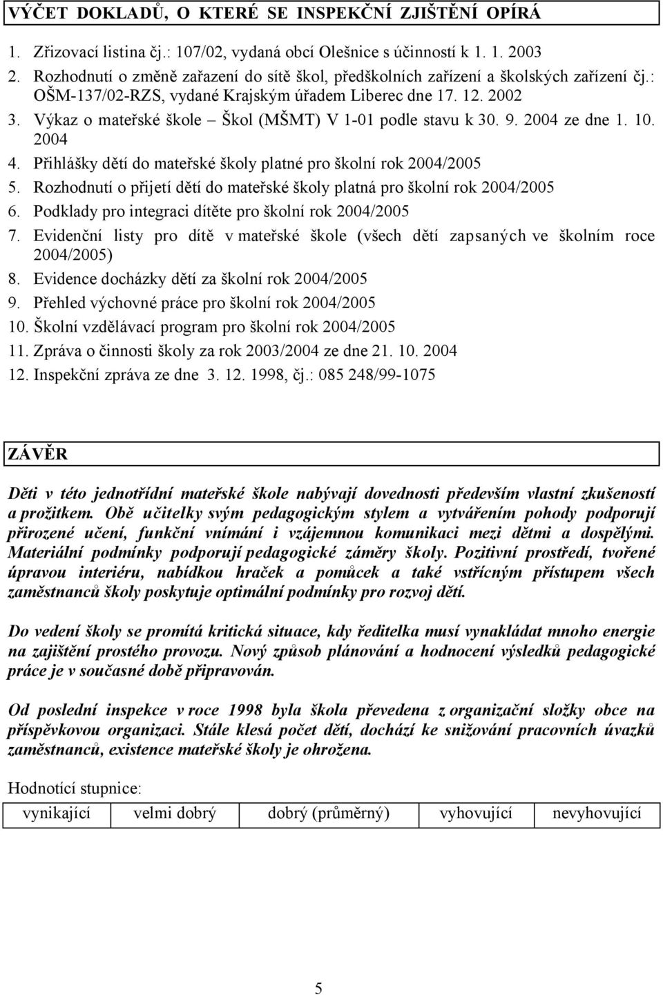 Výkaz o mateřské škole Škol (MŠMT) V 1-01 podle stavu k 30. 9. 2004 ze dne 1. 10. 2004 4. Přihlášky dětí do mateřské školy platné pro školní rok 2004/2005 5.