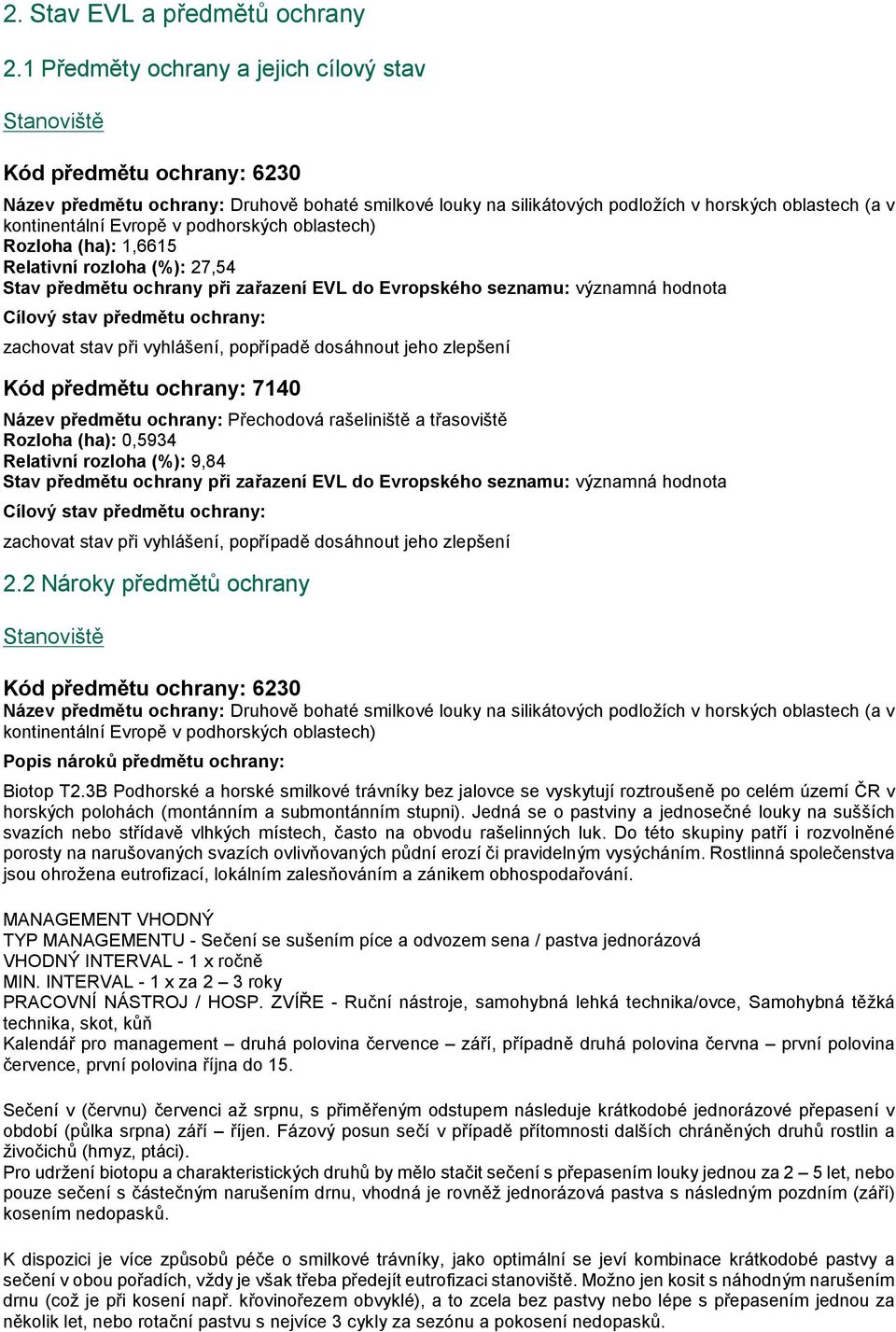 Evropě v podhorských oblastech) Rozloha (ha): 1,6615 Relativní rozloha (%): 27,54 Stav předmětu ochrany při zařazení EVL do Evropského seznamu: významná hodnota Cílový stav předmětu ochrany: zachovat