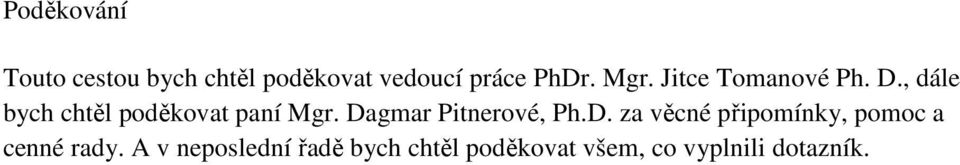 Dagmar Pitnerové, Ph.D. za věcné připomínky, pomoc a cenné rady.