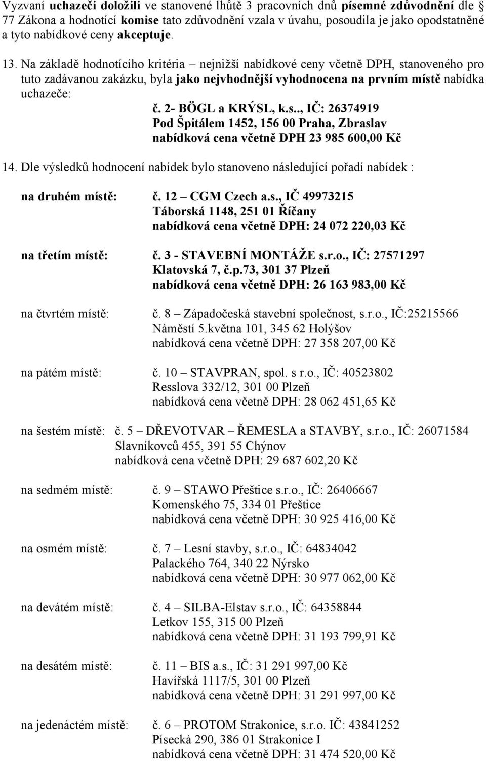 2- BÖGL a KRÝSL, k.s.., IČ: 26374919 Pod Špitálem 1452, 156 00 Praha, Zbraslav nabídková cena včetně DPH 23 985 600,00 Kč 14.