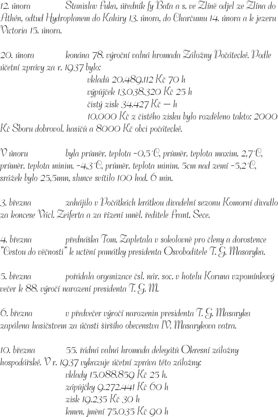 000 Kč z čistého zisku bylo rozděleno takto: 2000 Kč Sboru dobrovol. hasičů a 8000 Kč obci počátecké. V únoru byla průměr. teplota -0,5 C, průměr. teplota maxim. 2,7 C, průměr. teplota minim.