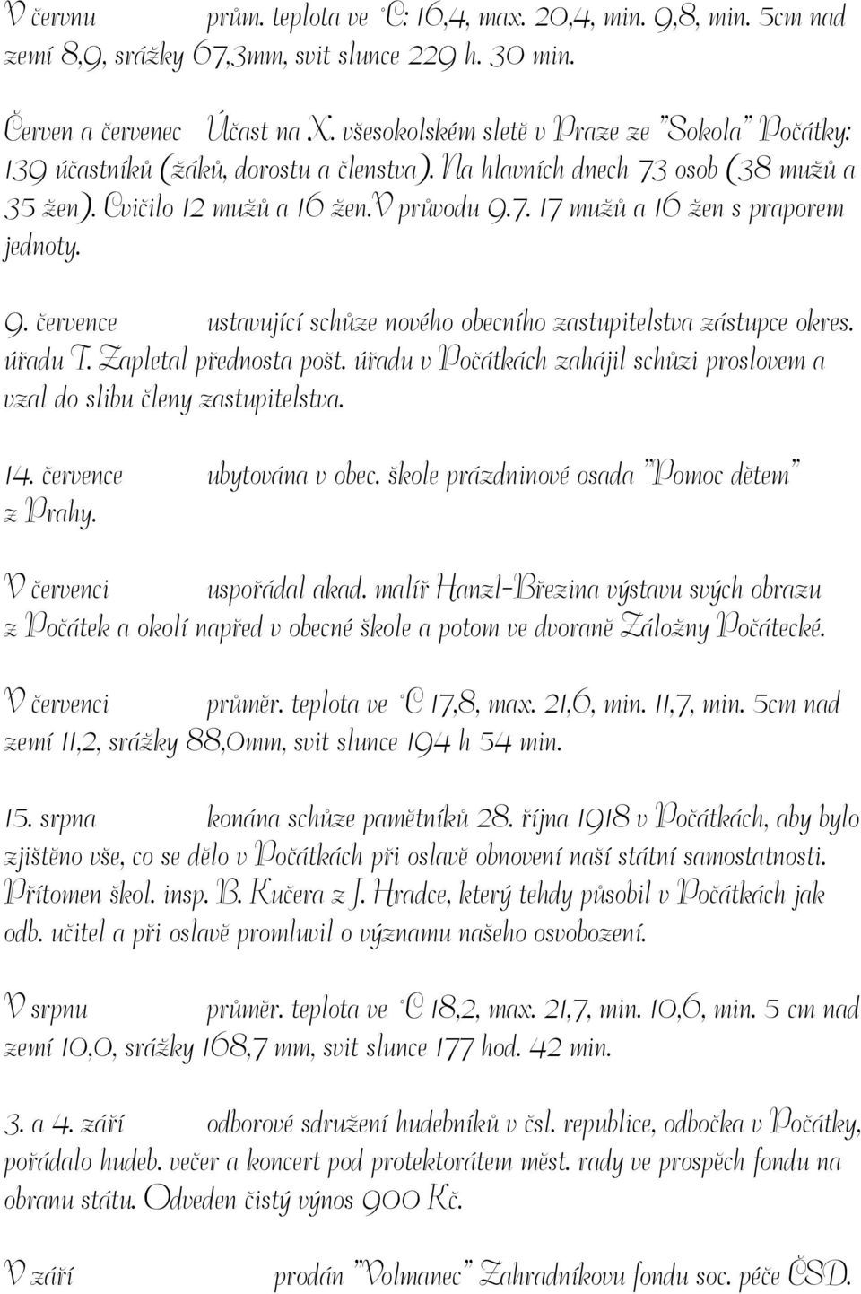 9. července ustavující schůze nového obecního zastupitelstva zástupce okres. úřadu T. Zapletal přednosta pošt. úřadu v Počátkách zahájil schůzi proslovem a vzal do slibu členy zastupitelstva. 14.