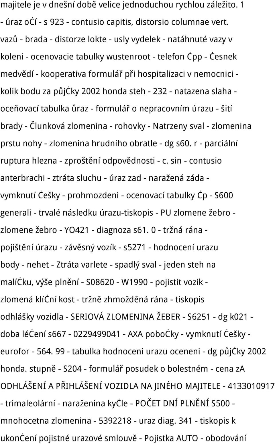 za půjčky 2002 honda steh - 232 - natazena slaha - oceňovací tabulka ůraz - formulář o nepracovním úrazu - šití brady - Člunková zlomenina - rohovky - Natrzeny sval - zlomenina prstu nohy - zlomenina