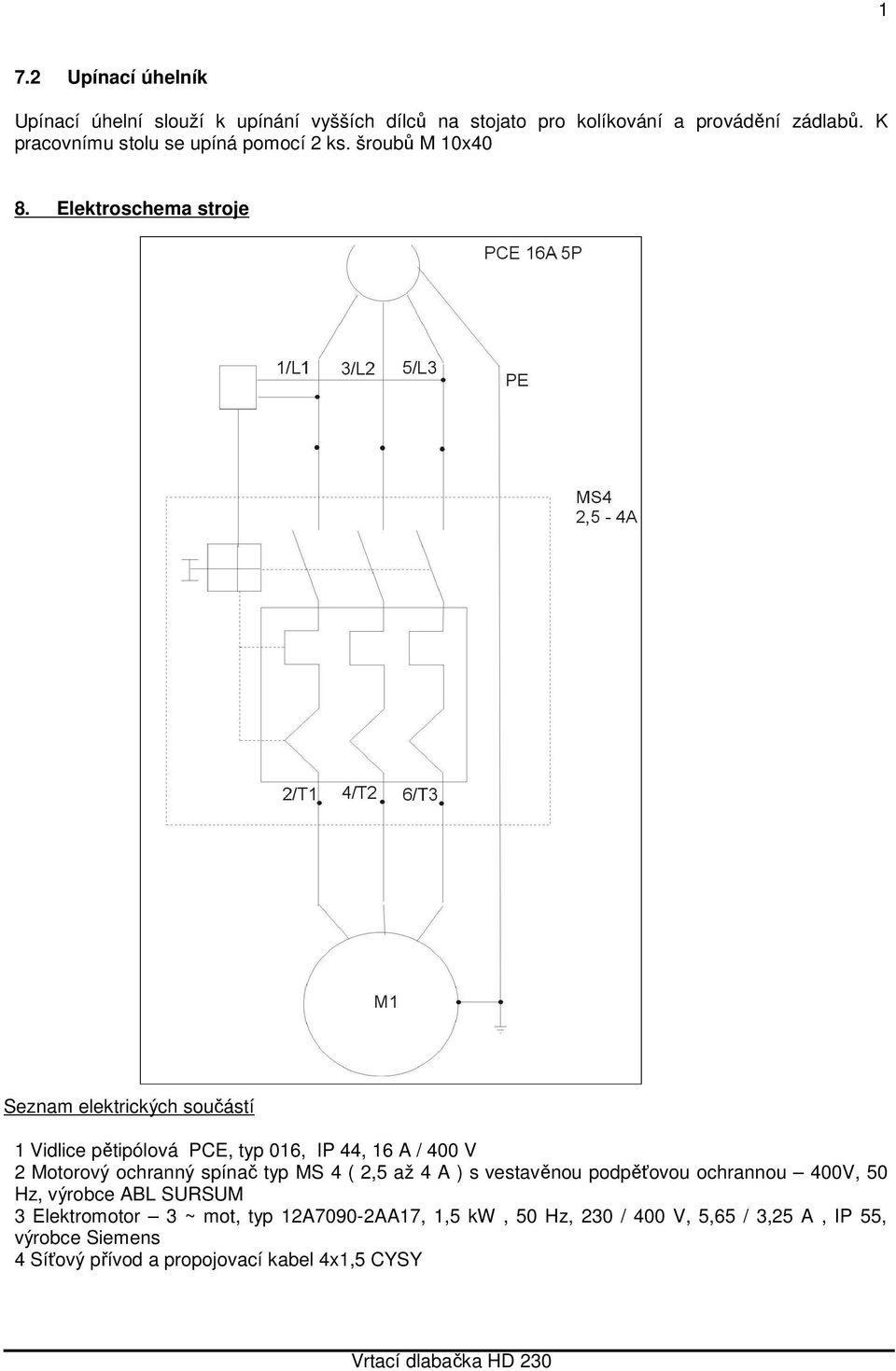 Elektroschema stroje Seznam elektrických součástí 1 Vidlice pětipólová PCE, typ 016, IP 44, 16 A / 400 V 2 Motorový ochranný spínač typ