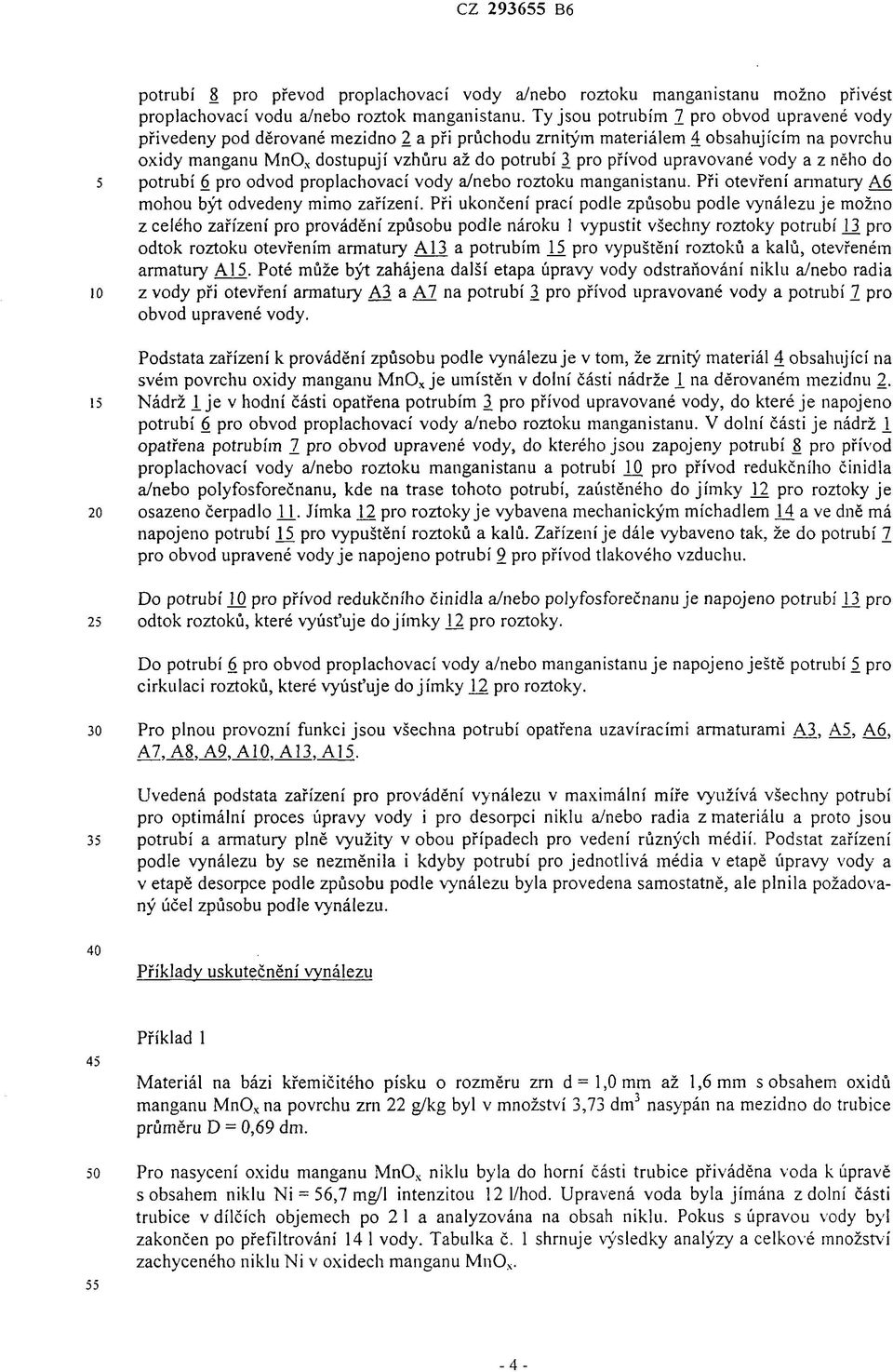 upravované vody a z něho do 5 potrubí 6 pro odvod proplachovací vody a/nebo roztoku manganistanu. Při otevření armatury A6 mohou být odvedeny mimo zařízení.