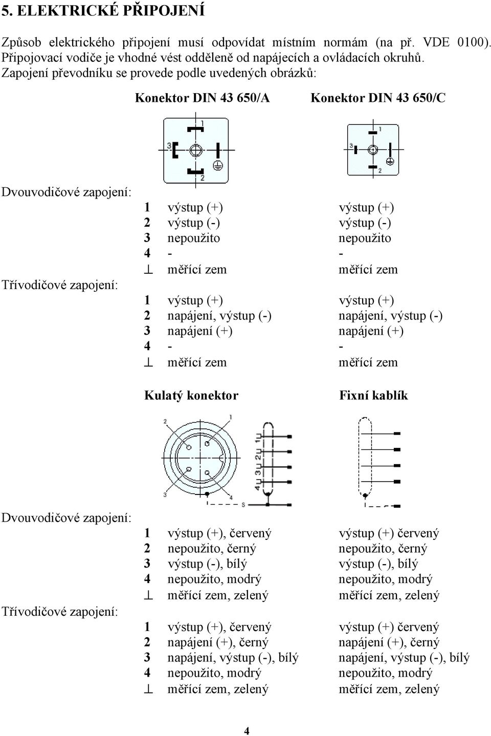 nepoužito nepoužito 4 - - měřící zem měřící zem 1 výstup (+) výstup (+) 2 napájení, výstup (-) napájení, výstup (-) 3 napájení (+) napájení (+) 4 - - měřící zem měřící zem Kulatý konektor Fixní