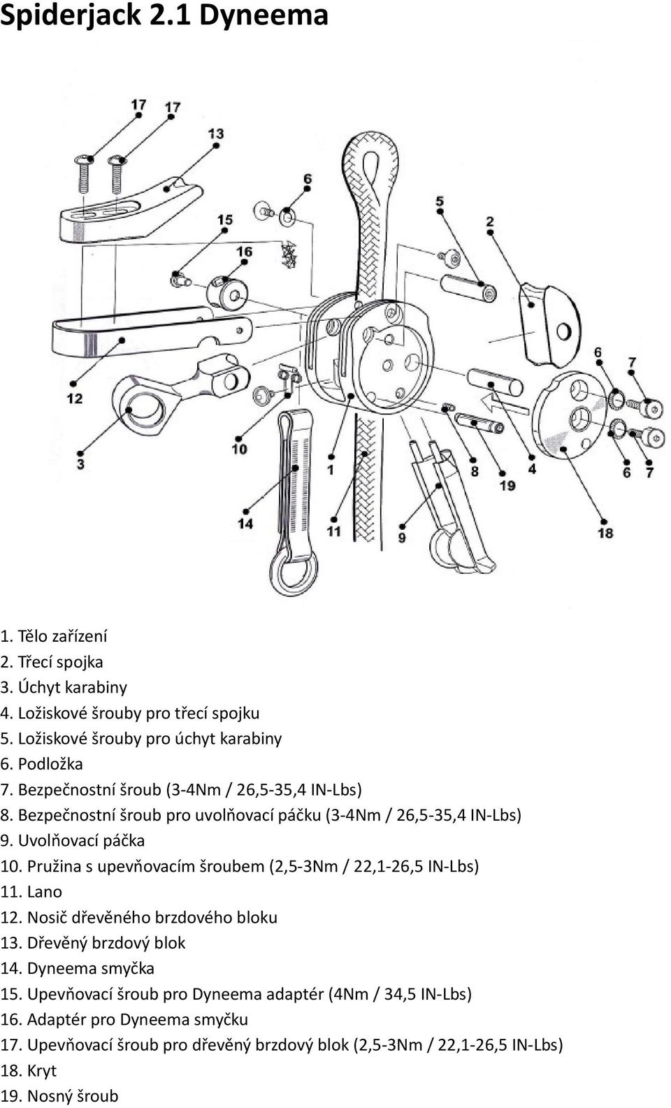 Pružina s upevňovacím šroubem (2,5-3Nm / 22,1-26,5 IN-Lbs) 11. Lano 12. Nosič dřevěného brzdového bloku 13. Dřevěný brzdový blok 14. Dyneema smyčka 15.