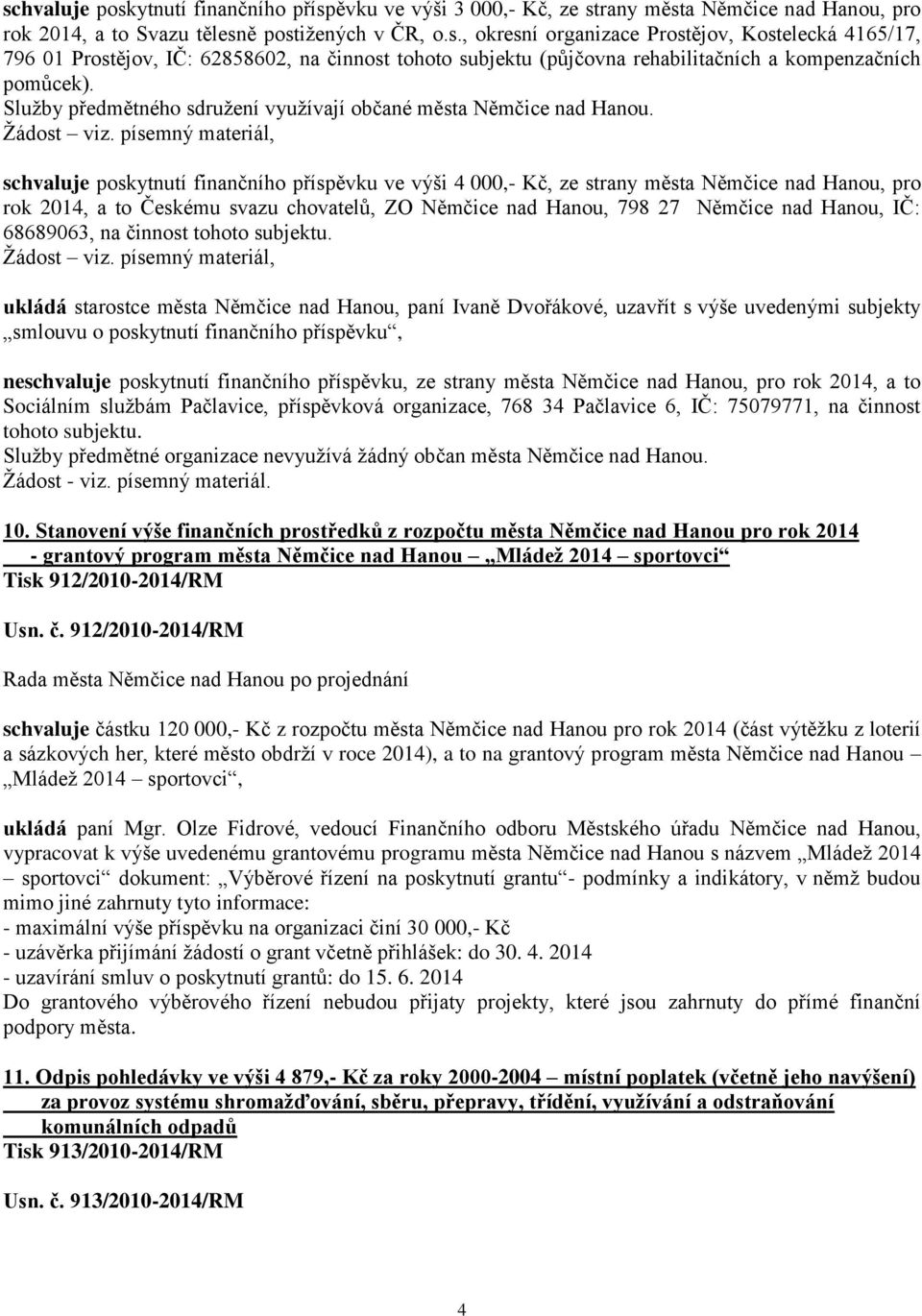 písemný materiál, schvaluje poskytnutí finančního příspěvku ve výši 4 000,- Kč, ze strany města Němčice nad Hanou, pro rok 2014, a to Českému svazu chovatelů, ZO Němčice nad Hanou, 798 27 Němčice nad