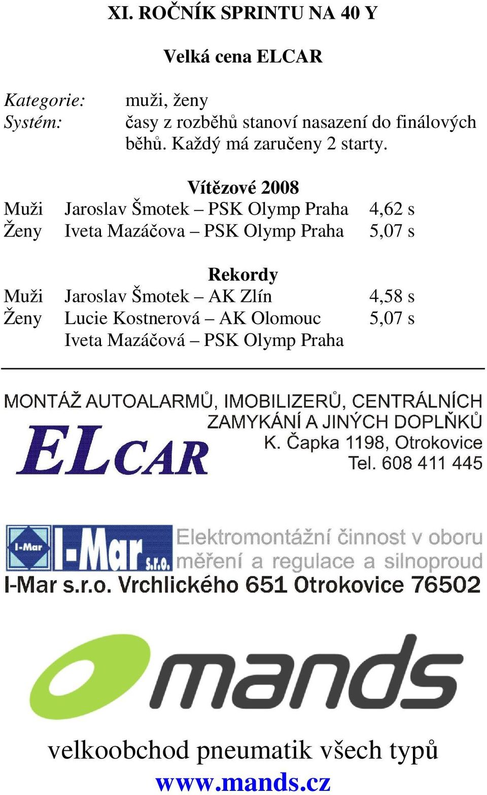 Vítězové 2008 Muži Jaroslav Šmotek PSK Olymp Praha 4,62 s Ženy Iveta Mazáčova PSK Olymp Praha 5,07 s