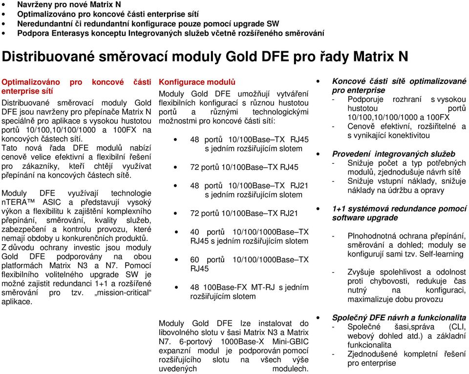 Matrix N speciálně pro aplikace s vysokou hustotou portů 10/100,10/100/1000 a 100FX na koncových částech sítí.