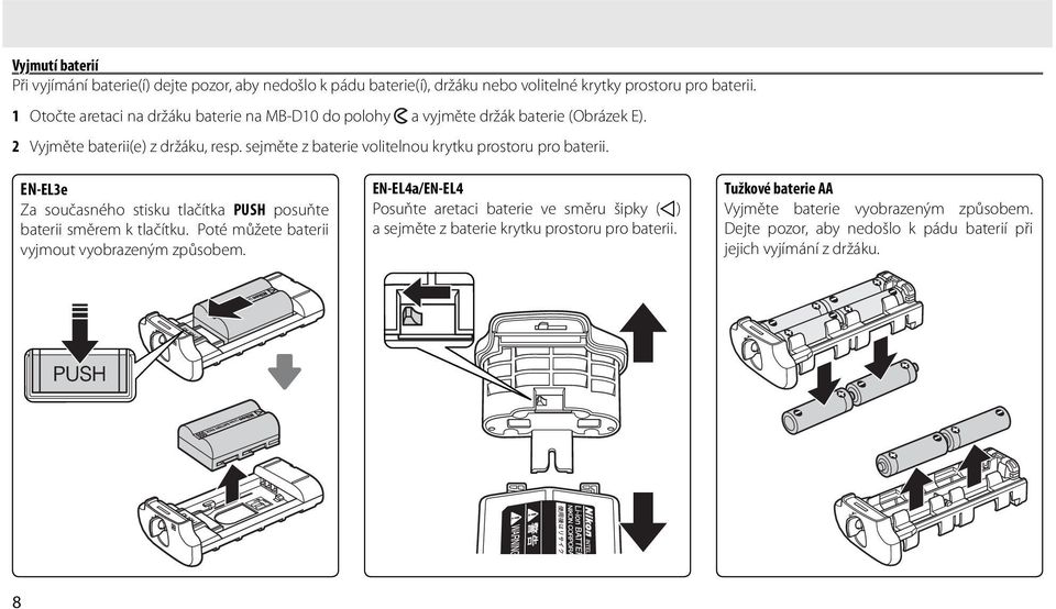 sejměte z baterie volitelnou krytku prostoru pro baterii. EN-EL3e Za současného stisku tlačítka PUSH posuňte baterii směrem k tlačítku.