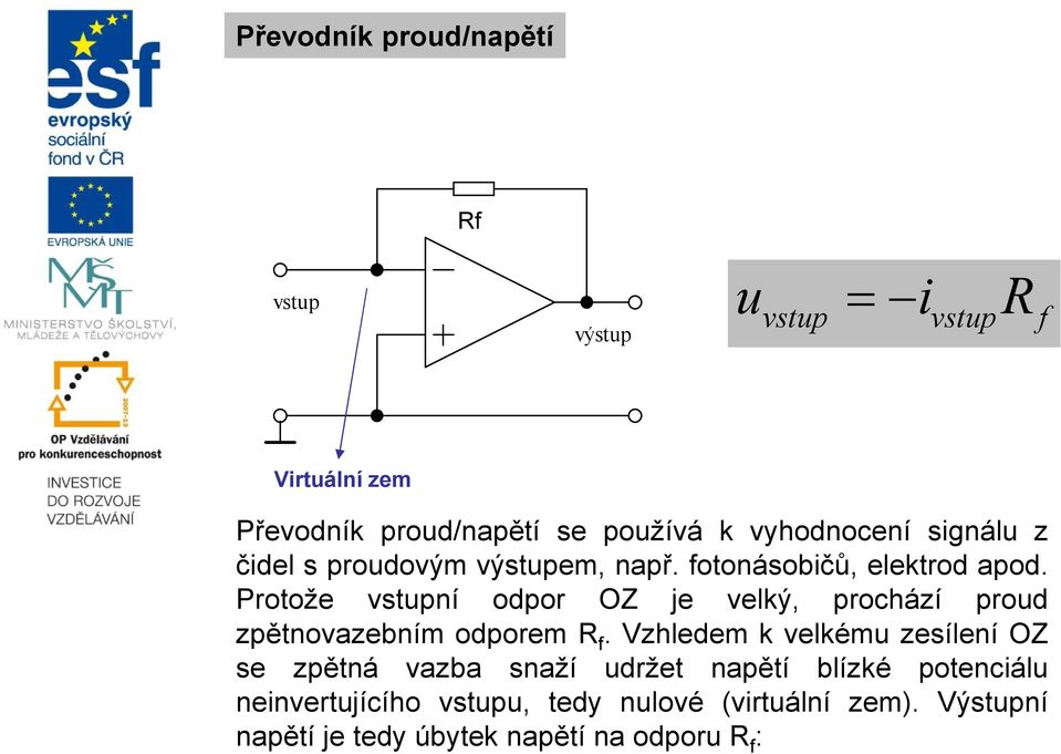 Protože ní odpor OZ je velký, prochází proud zpětnovazebním odporem R f.