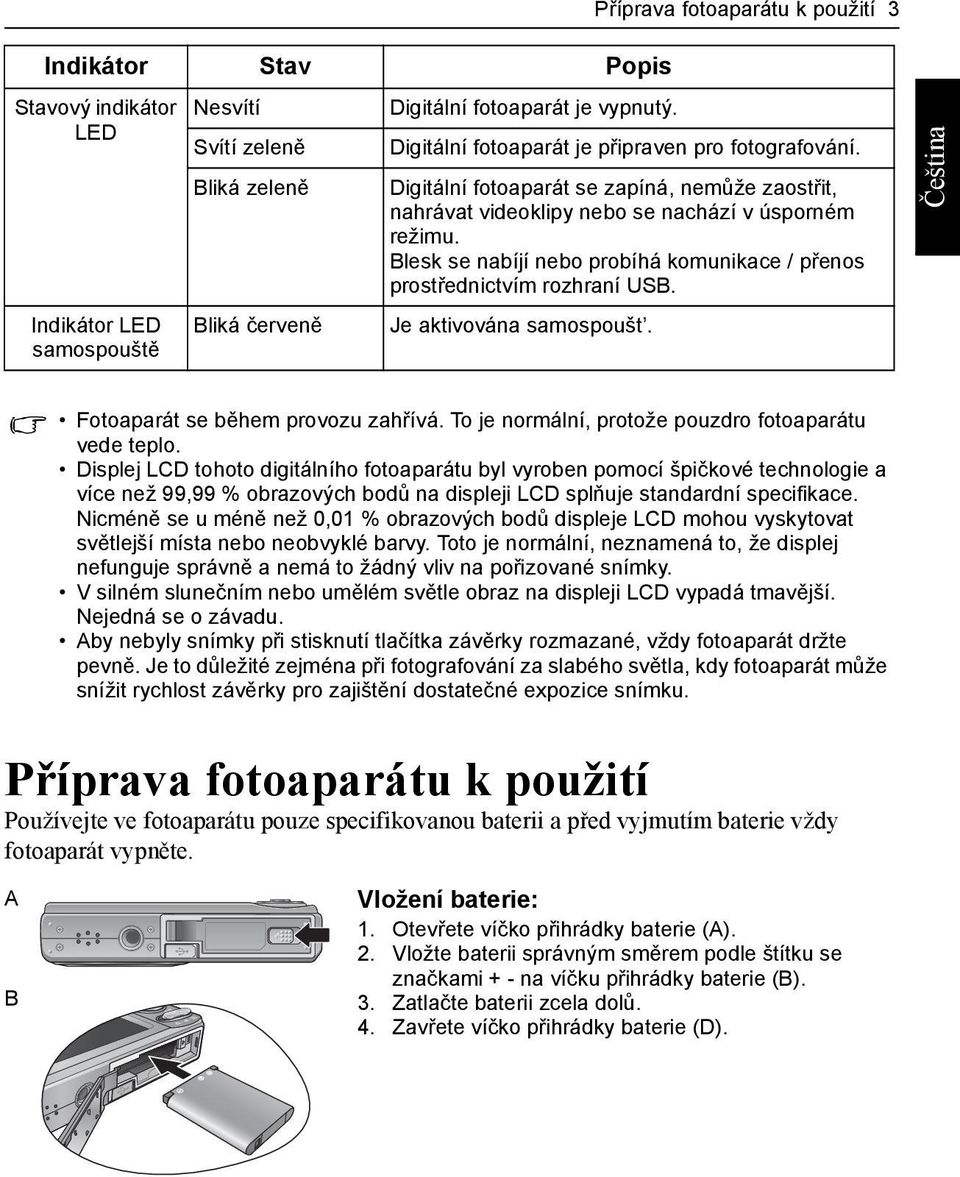 Blesk se nabíjí nebo probíhá komunikace / přenos prostřednictvím rozhraní USB. Je aktivována samospoušt. Fotoaparát se během provozu zahřívá. To je normální, protože pouzdro fotoaparátu vede teplo.