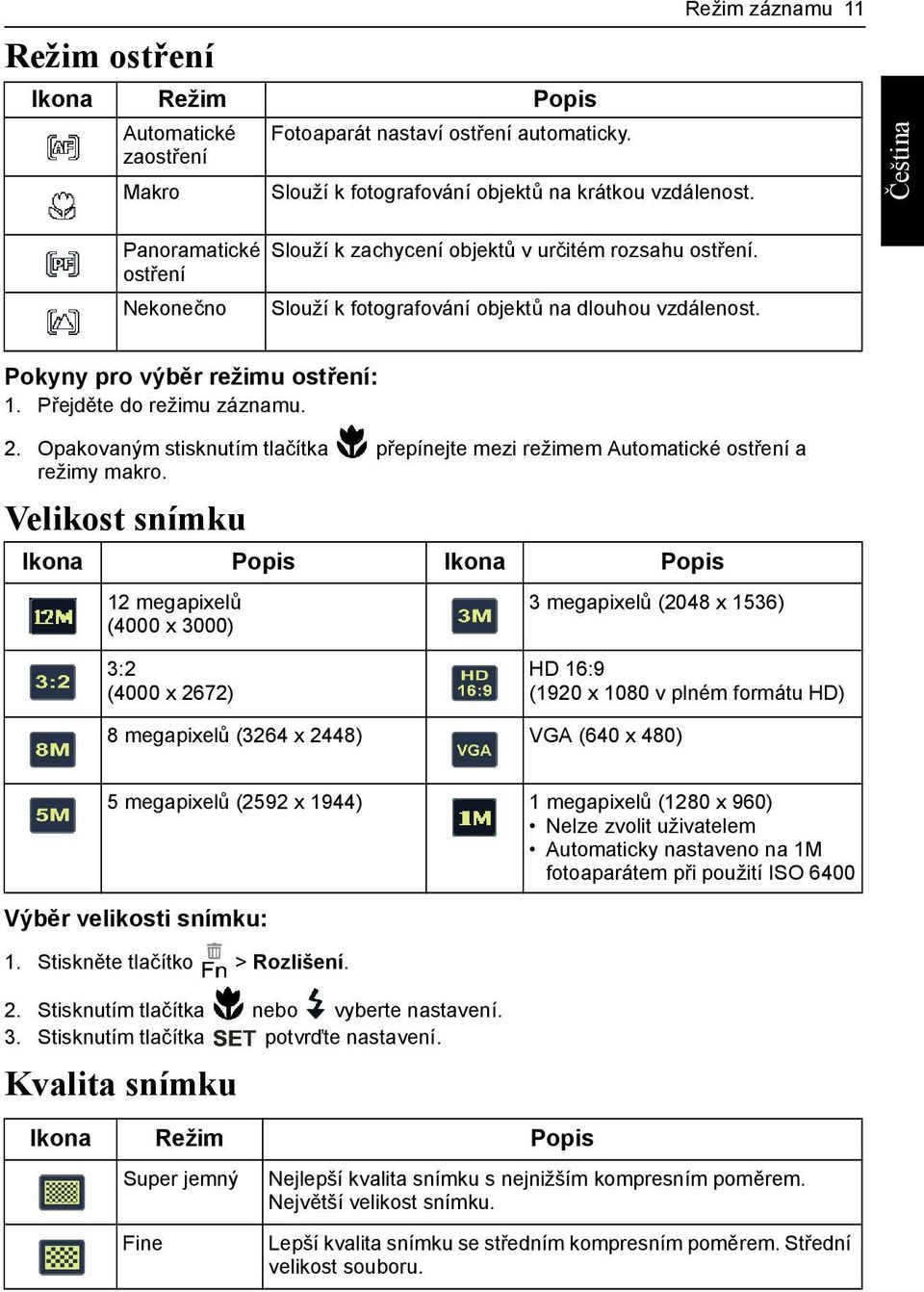 Opakovaným stisknutím tlačítka přepínejte mezi režimem Automatické ostření a režimy makro.