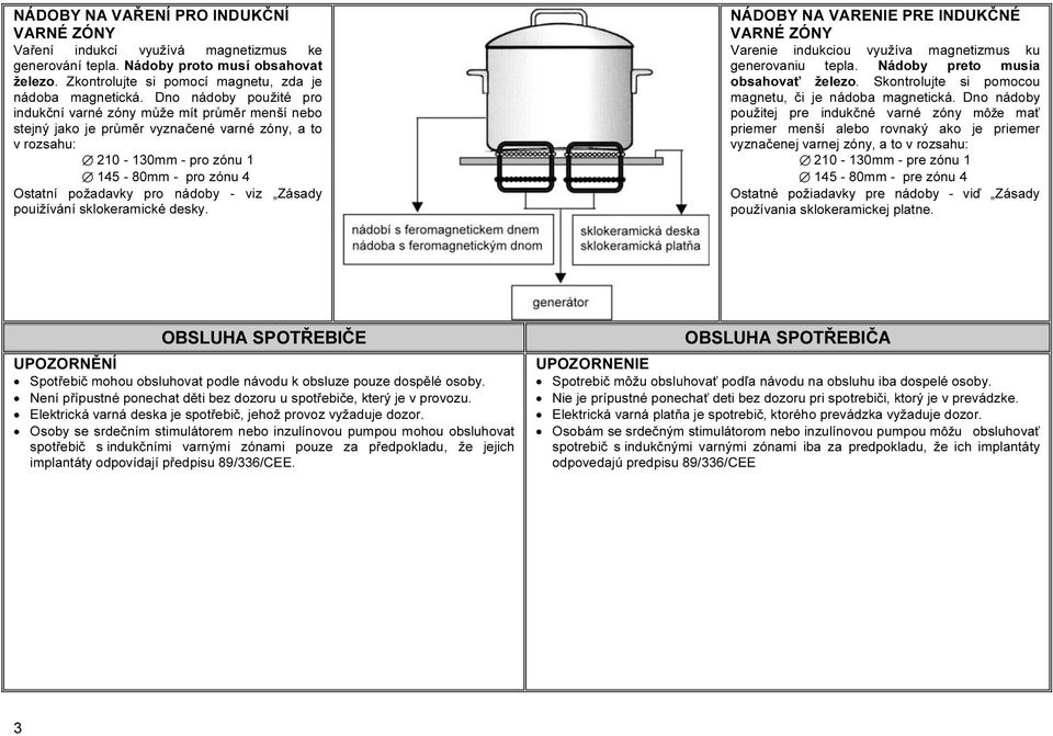 nádoby - viz Zásady pouižívání sklokeramické desky. NÁDOBY NA VARENIE PRE INDUKČNÉ VARNÉ ZÓNY Varenie indukciou využíva magnetizmus ku generovaniu tepla. Nádoby preto musia obsahovať železo.